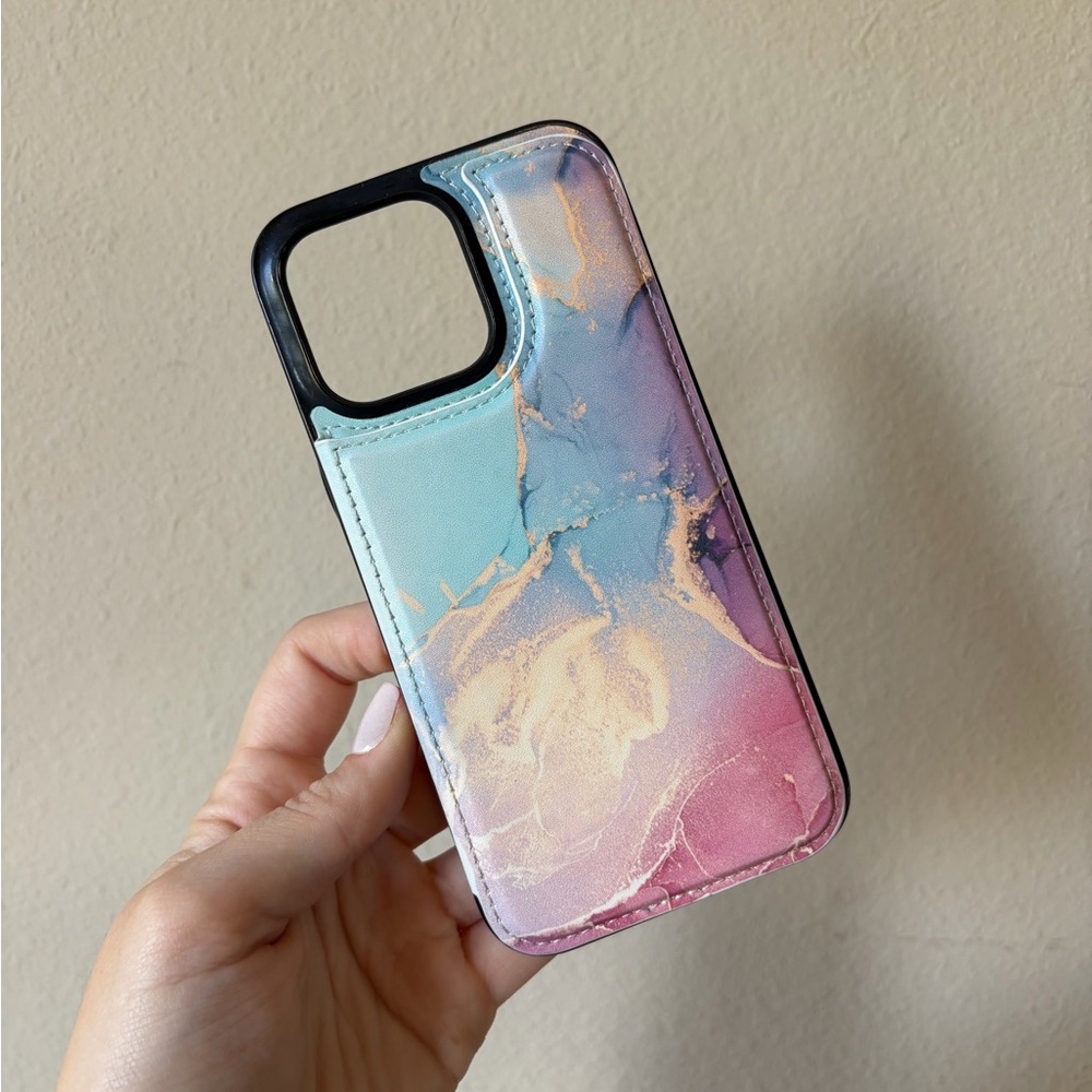 Marble Pattern IPhone 15 Pro Max Case with Wallet - Pink and Blue